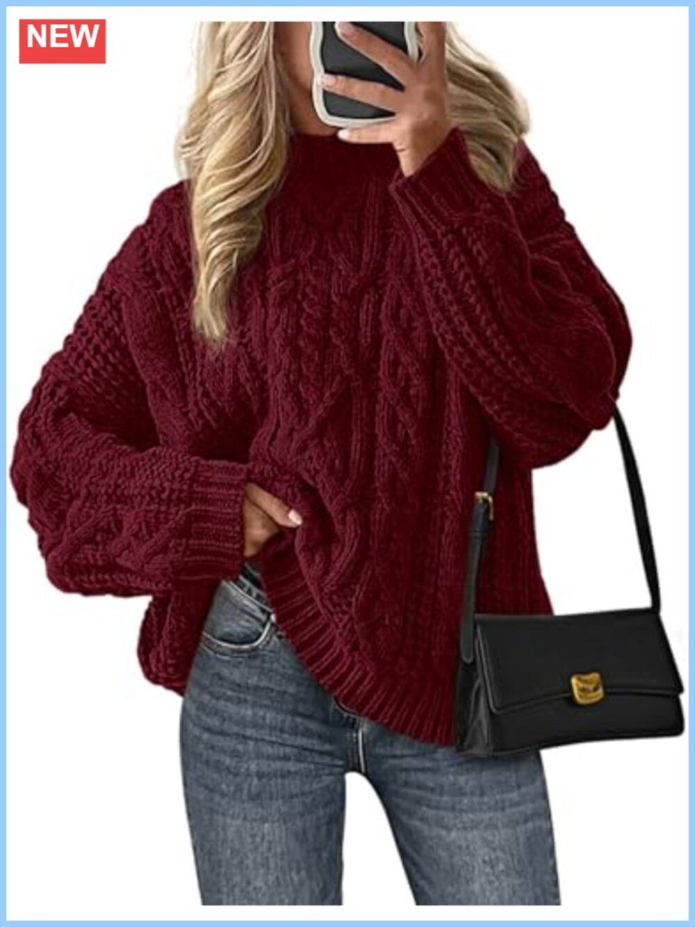 Women's Chunky Cable Knit Pullover Sweater Crew Neck Long Sleeve Cozy Winter